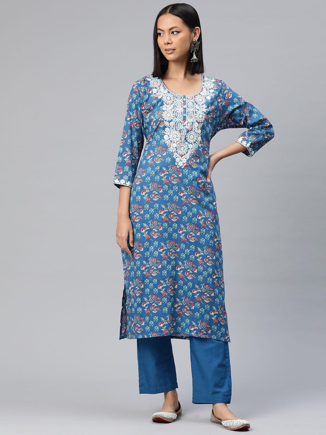 readiprint fashions floral printed thread work pure cotton kurta with trousers & dupatta