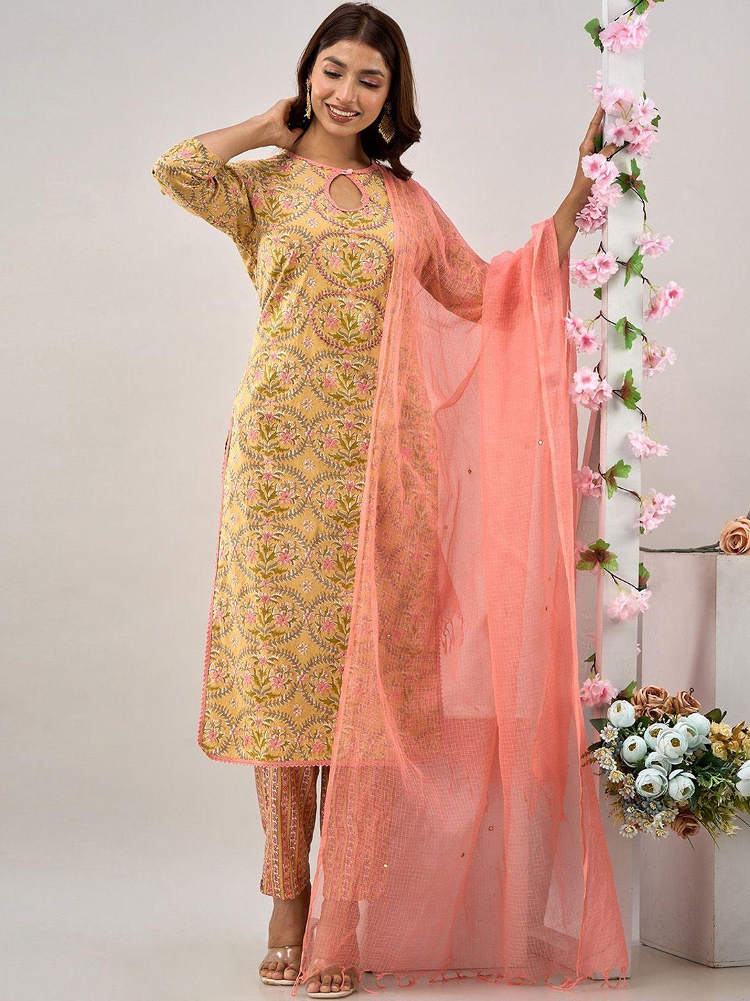 readiprint fashions floral printed thread work pure cotton kurta with trousers and dupatta