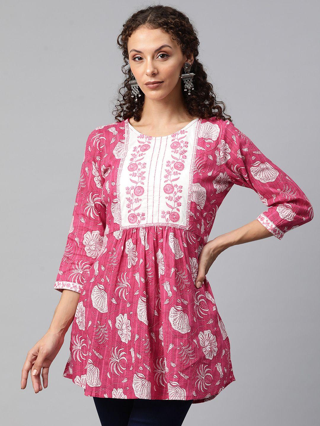 readiprint fashions floral printed thread work pure cotton pleated kurti