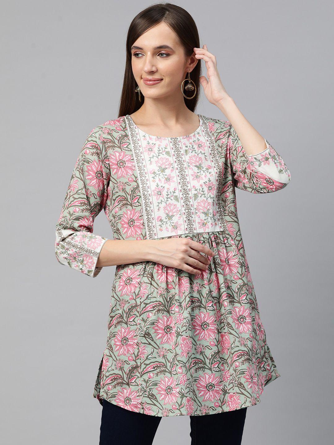 readiprint fashions floral printed thread work pure cotton pleated kurti