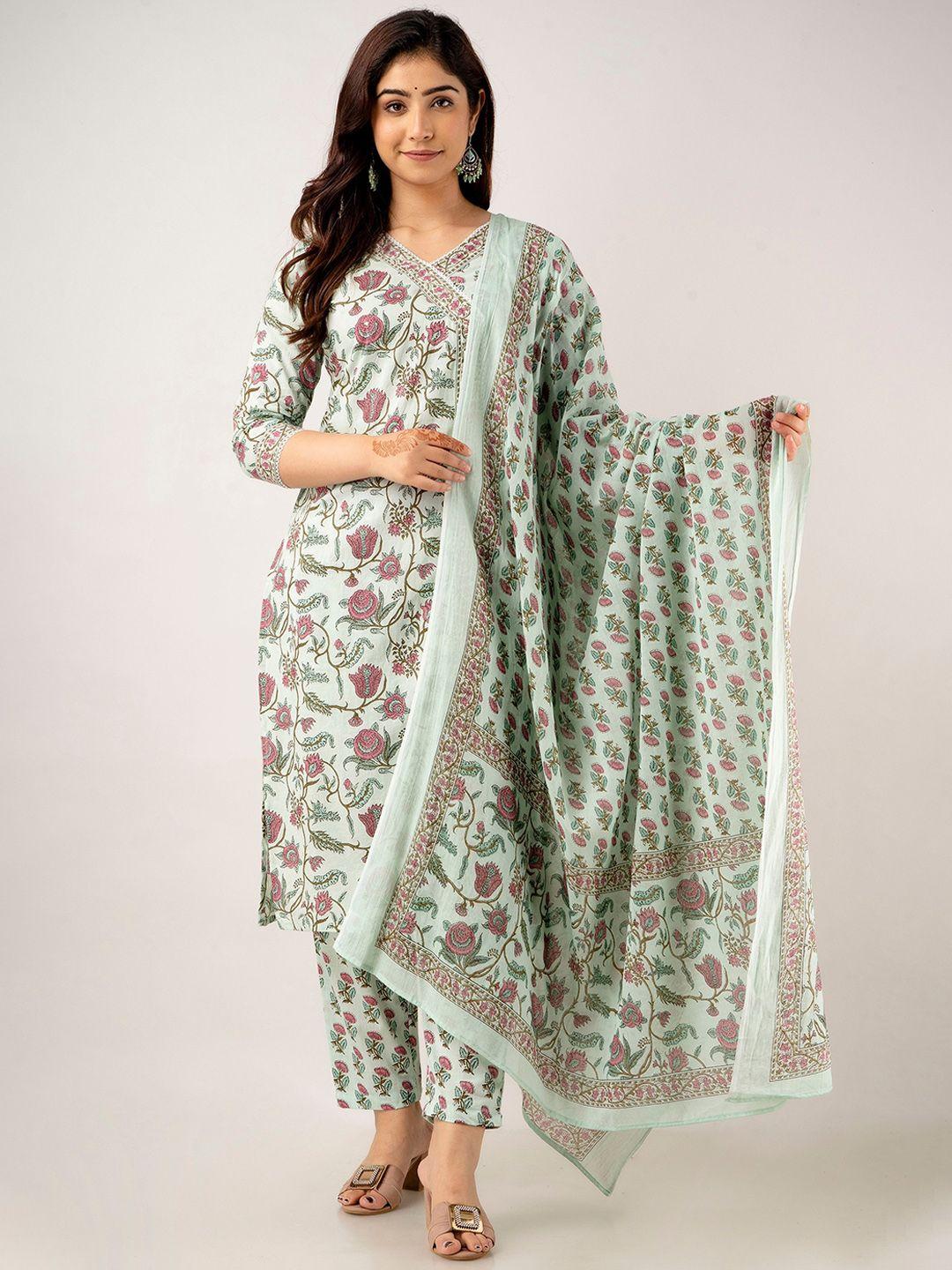 readiprint fashions floral printed v neck pure cotton kurta with trousers & dupatta