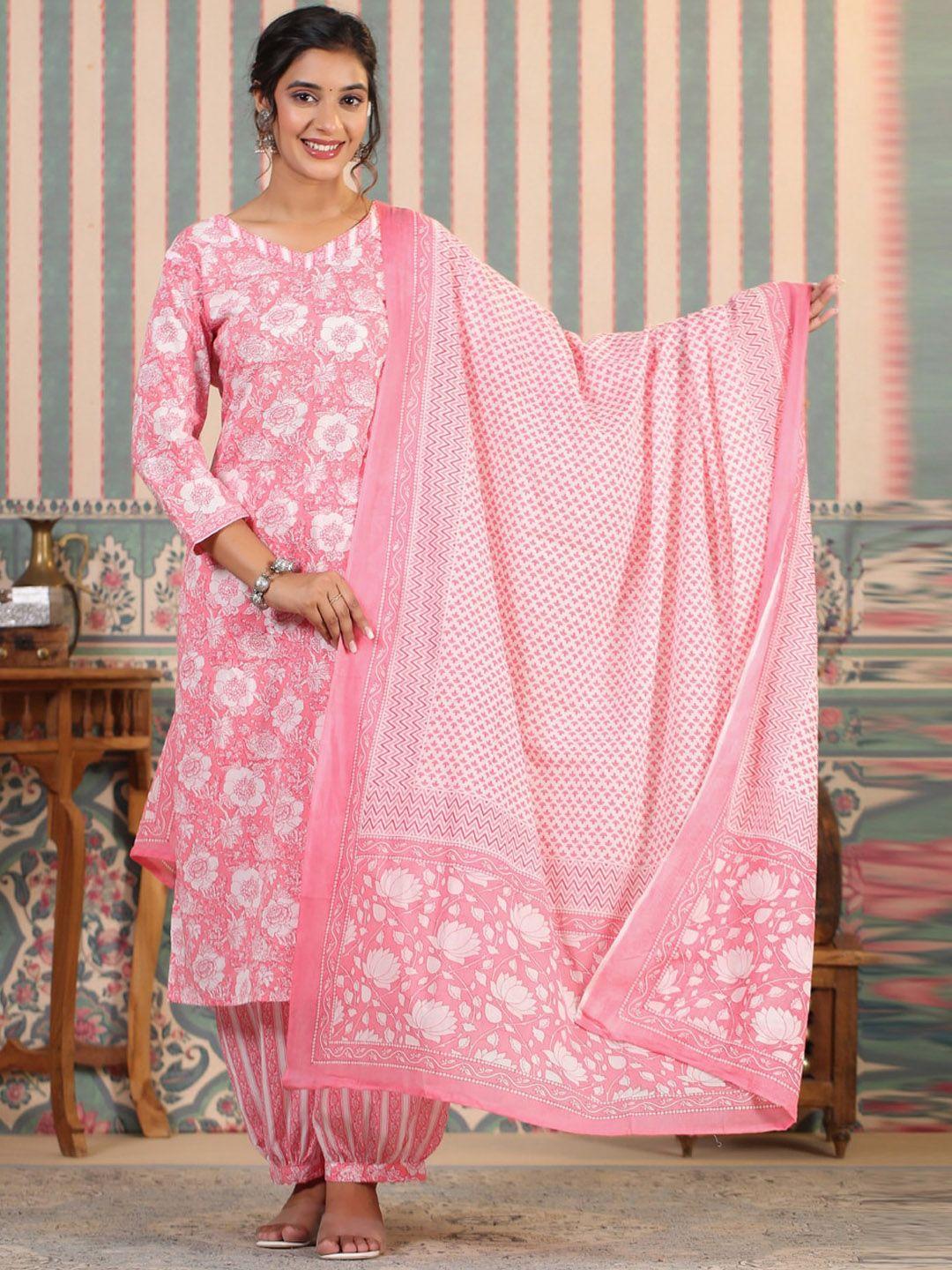 readiprint fashions floral printed v-neck pure cotton straight kurta set