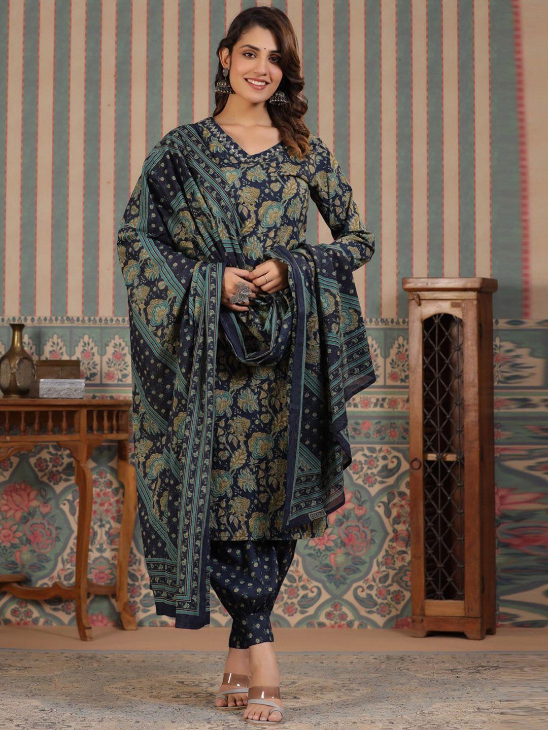 readiprint fashions floral printed v-neck sequinned pure cotton straight kurta set