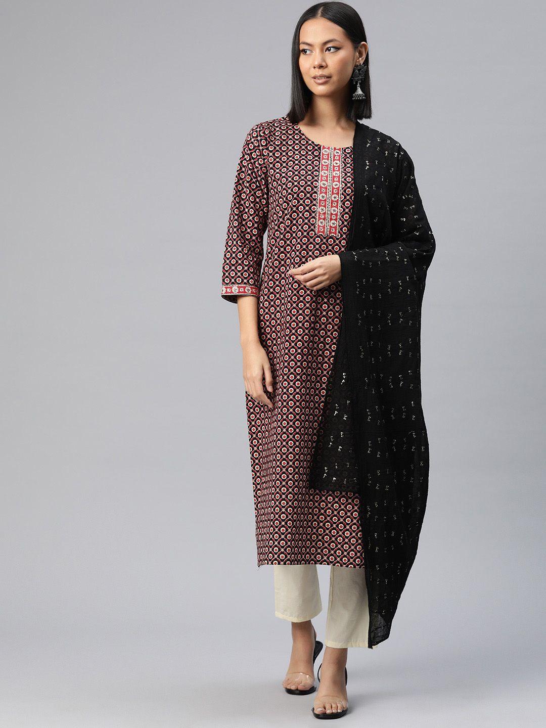 readiprint fashions floral printed zari pure cotton kurta with trousers & dupatta