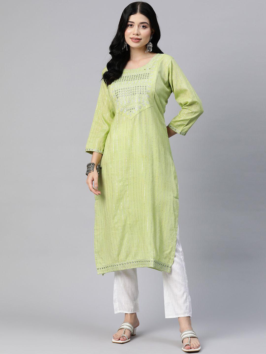 readiprint fashions floral striped regular mirror work kurta with trousers