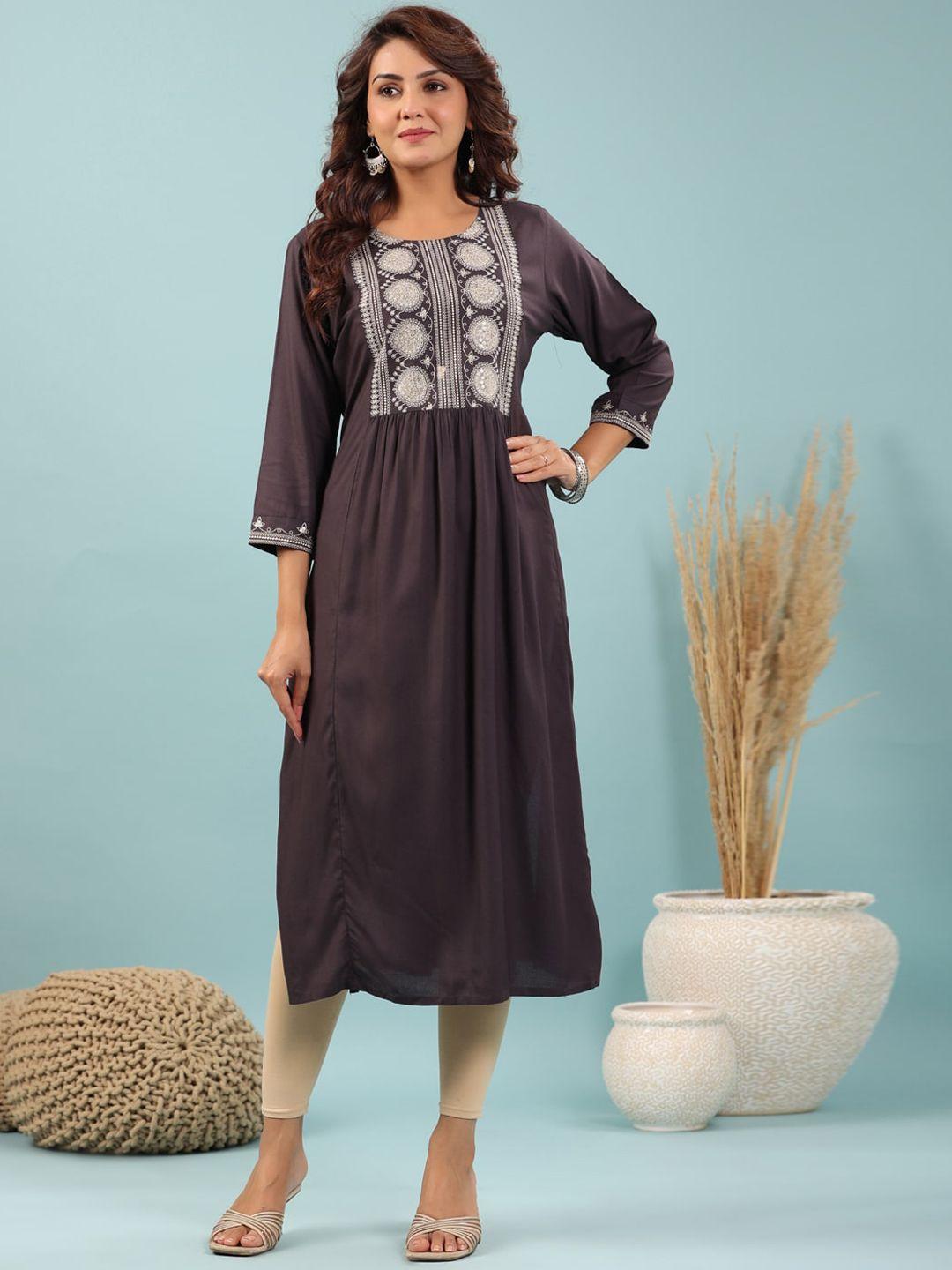 readiprint fashions geometric embroidered yoke design pleated a-line kurta