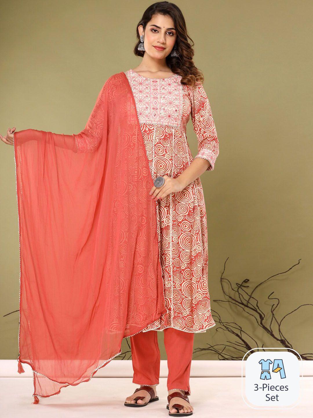 readiprint fashions geometric printed pure cotton anarkali kurta & trousers with dupatta
