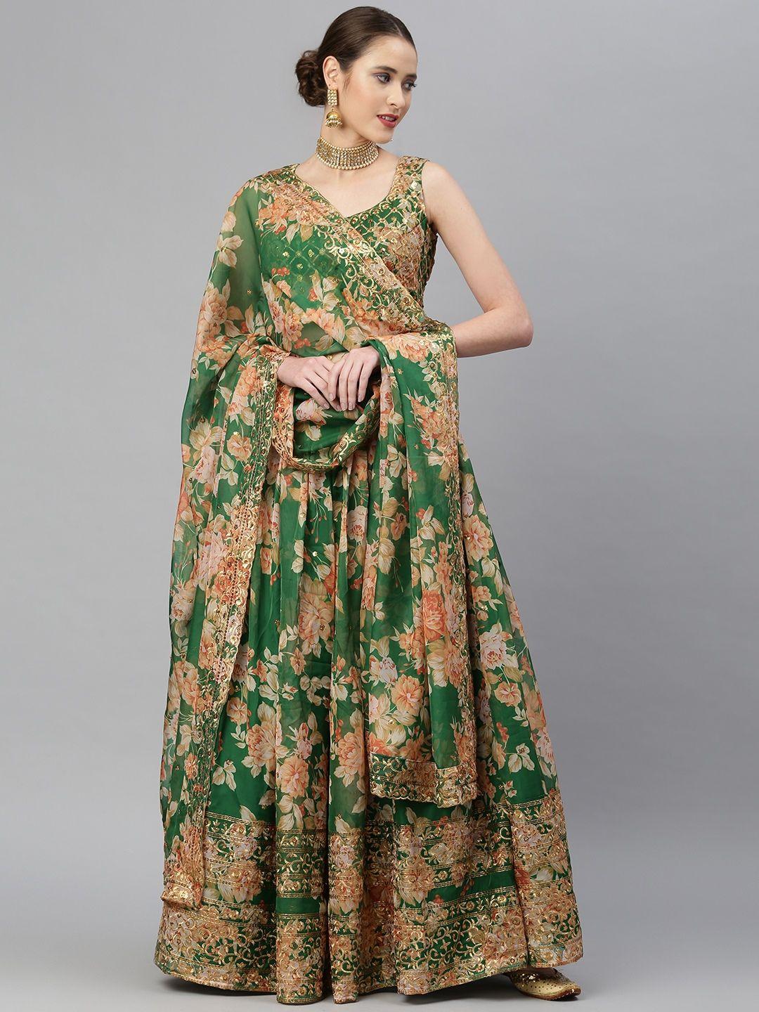 readiprint fashions green & peach-coloured embellished sequinned semi-stitched lehenga & unstitched blouse