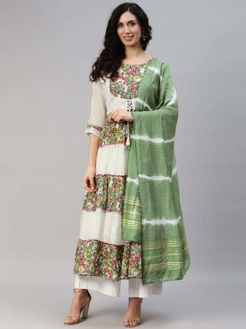 readiprint fashions green & white cotton embroidered a line kurta with dupatta