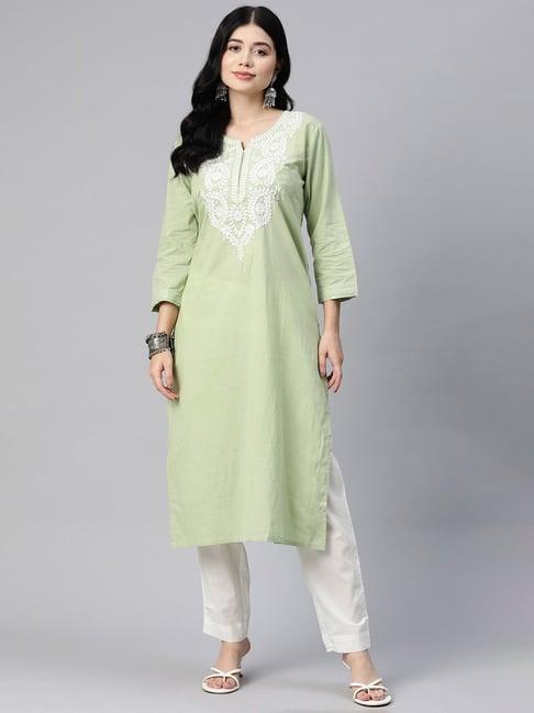 readiprint fashions green & white cotton embroidered kurta pant set