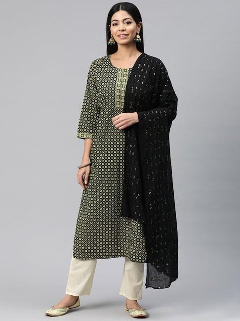 readiprint fashions green & white cotton printed kurta pant set with dupatta
