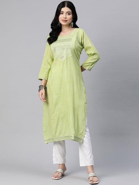 readiprint fashions green & white embroidered kurta pant set