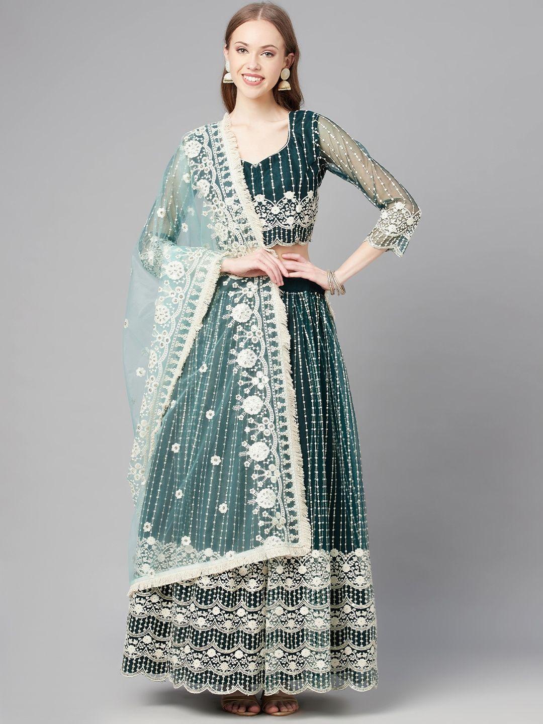 readiprint fashions green & white embroidered sequinned unstitched lehenga & blouse with dupatta