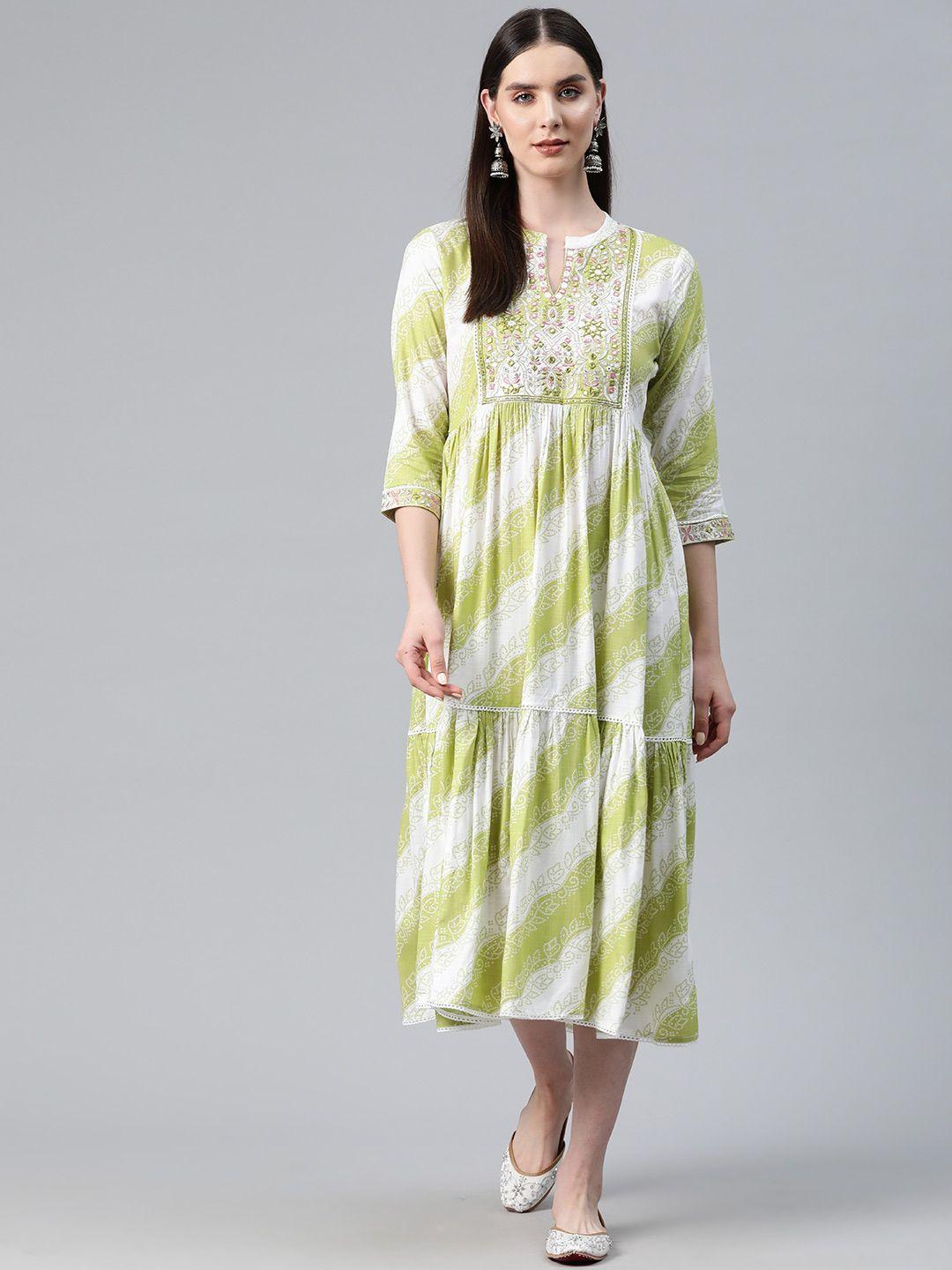 readiprint fashions green & white ethnic motifs print tiered a-line midi dress