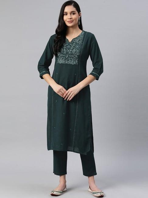 readiprint fashions green cotton embroidered kurta pant set