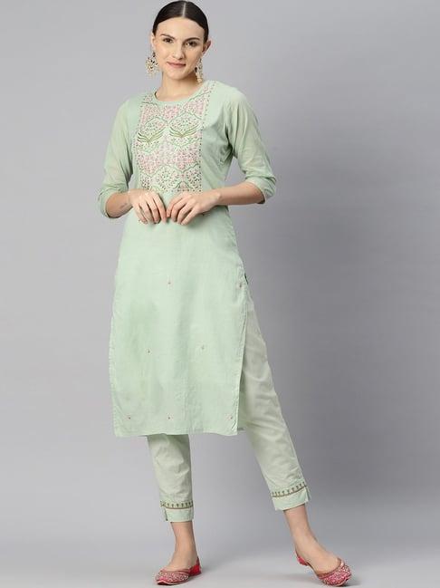 readiprint fashions green cotton embroidered kurta pant set