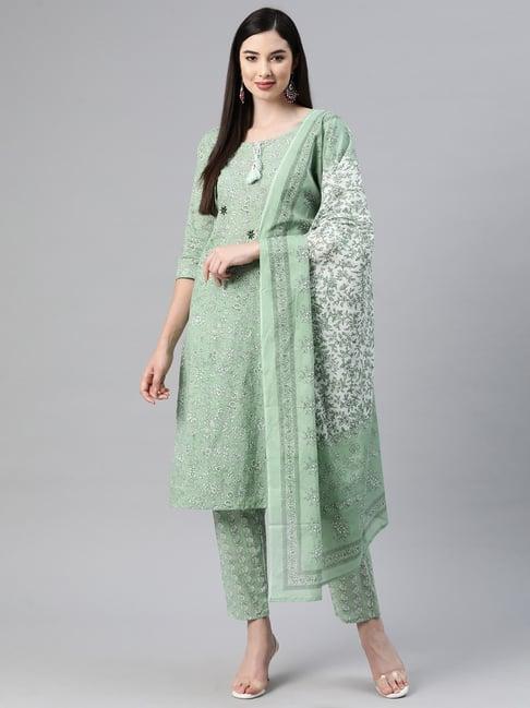 readiprint fashions green cotton floral print kurta pant set with dupatta