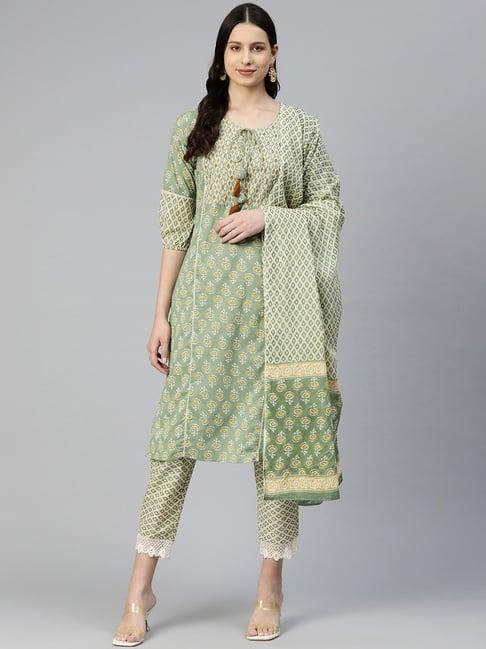 readiprint fashions green cotton floral print kurta pant set with dupatta