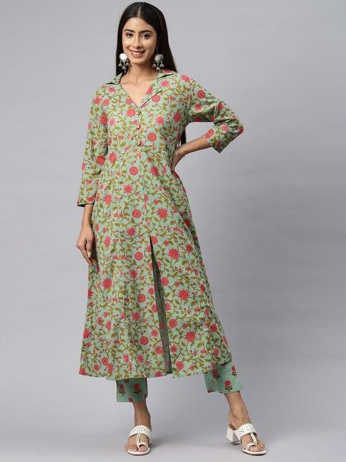 readiprint fashions green cotton floral print kurta pant set