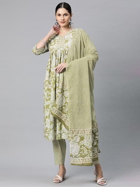 readiprint fashions green cotton floral print kurta salwaar set with dupatta