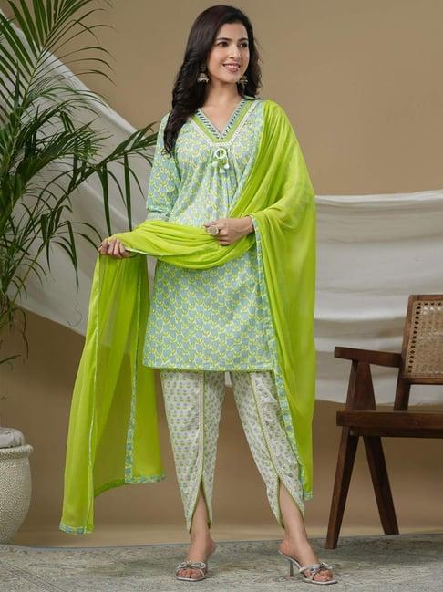 readiprint fashions green cotton floral print kurti dhoti pant set with dupatta