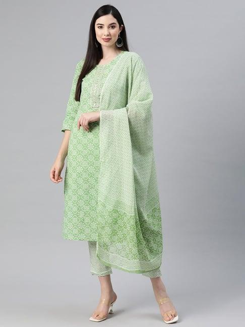 readiprint fashions green cotton printed kurta pant set with dupatta