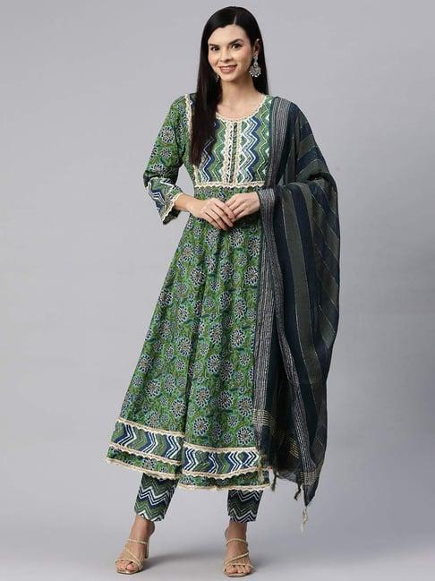 readiprint fashions green cotton printed kurta pant set with dupatta