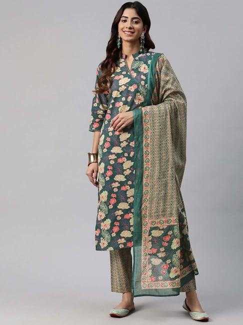 readiprint fashions green cotton printed kurta pant set with dupatta