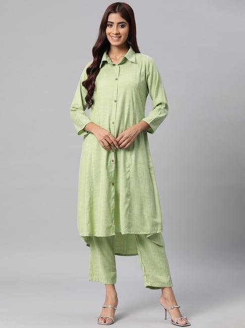 readiprint fashions green cotton striped kurta pant set