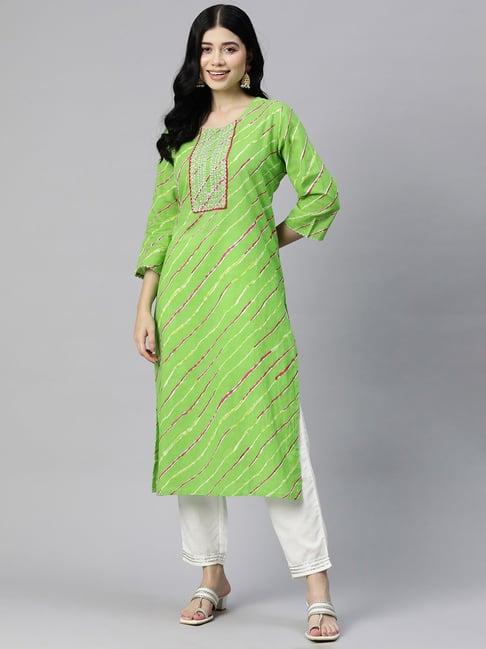 readiprint fashions green cotton striped straight kurta