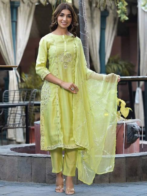 readiprint fashions green embroidered kurta pant set with dupatta