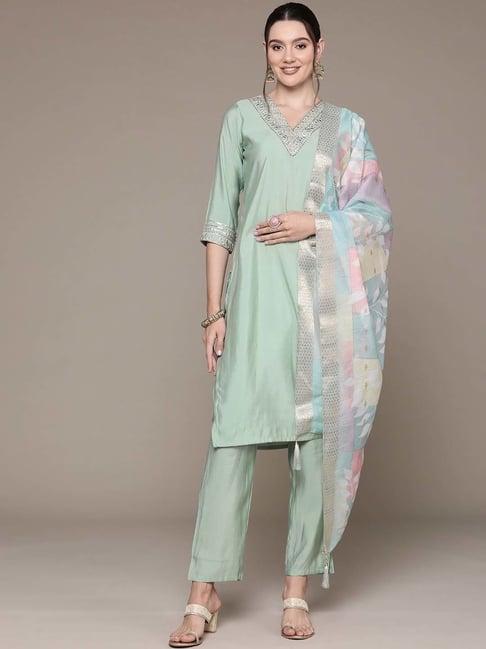 readiprint fashions green embroidered kurta pant set with dupatta