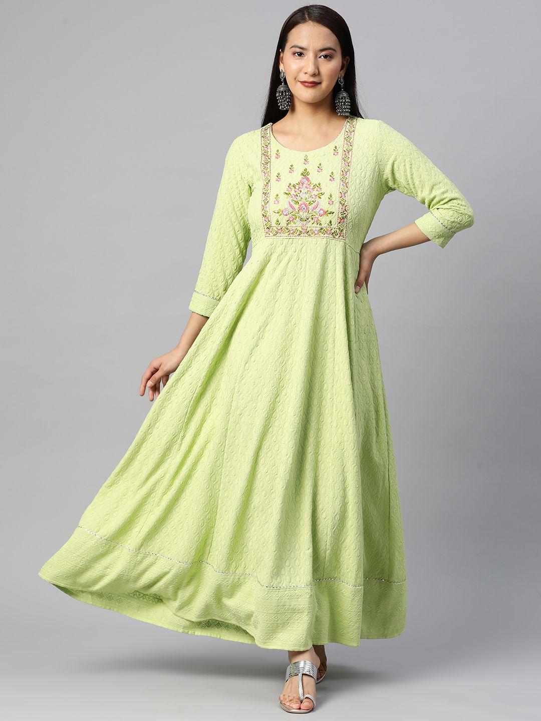 readiprint fashions green floral embroidered cotton ethnic maxi dress