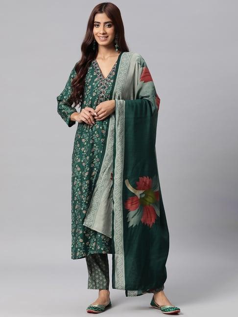 readiprint fashions green floral print kurta pant set with dupatta