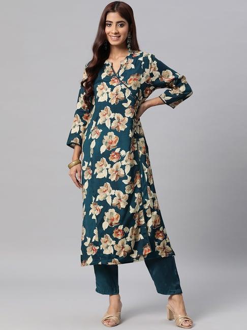 readiprint fashions green floral print kurta pant set