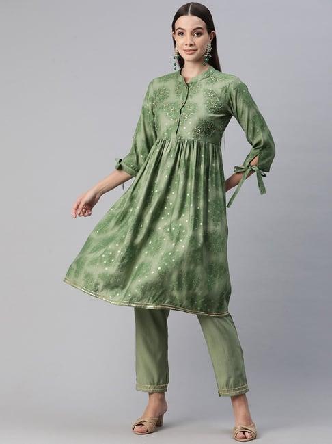 readiprint fashions green floral print kurti pant set