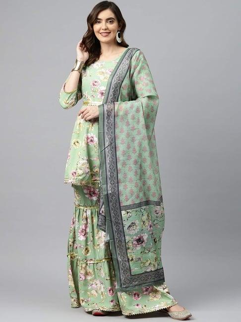 readiprint fashions green floral print kurti sharara set with dupatta