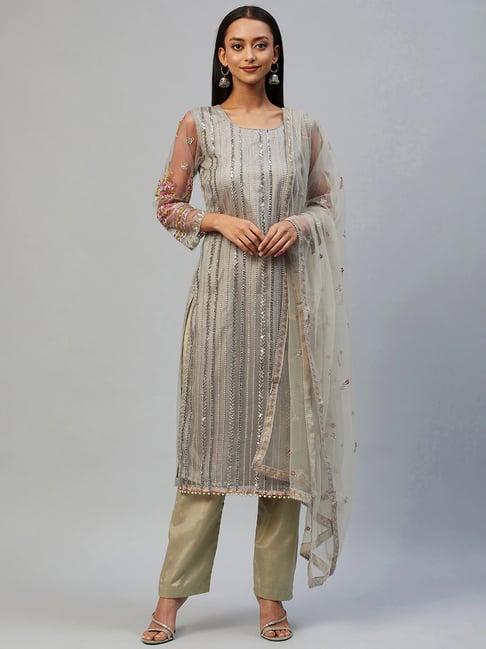 readiprint fashions grey & beige embellished unstitched dress material