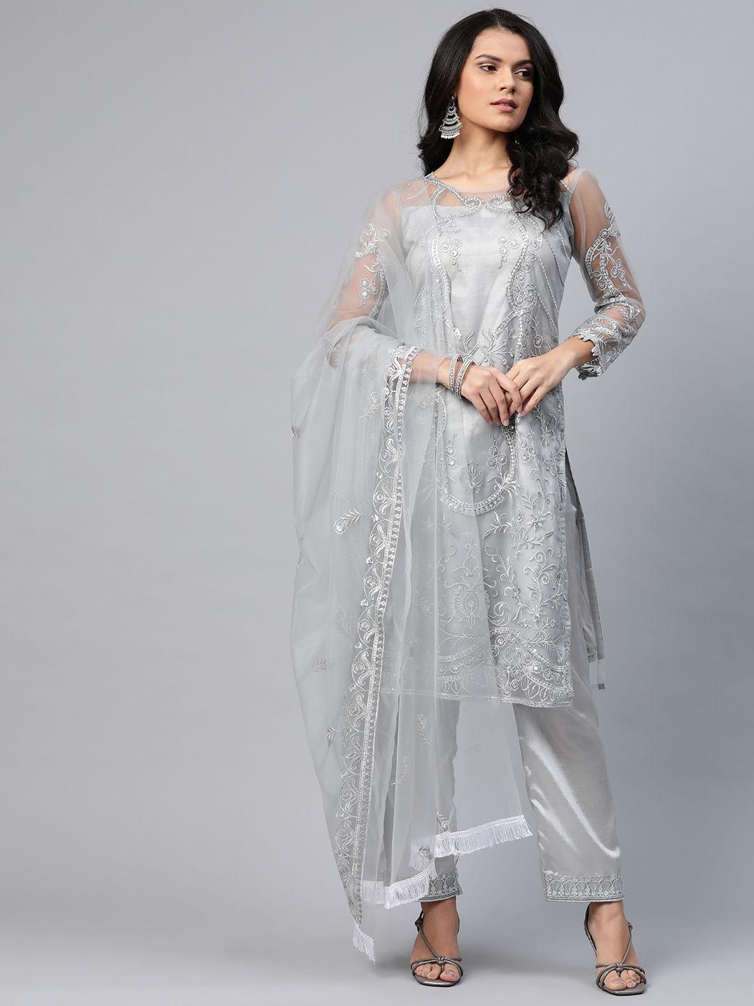 readiprint fashions grey & silver embroidered semi-stitched dress material