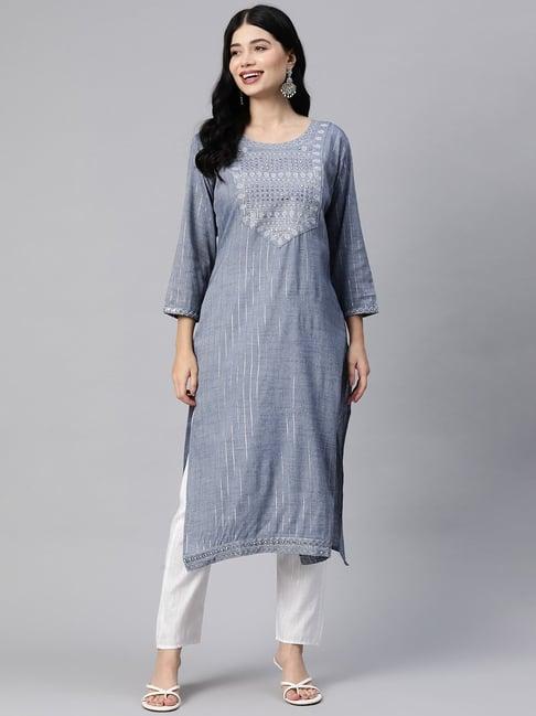 readiprint fashions grey & white embroidered kurta pant set