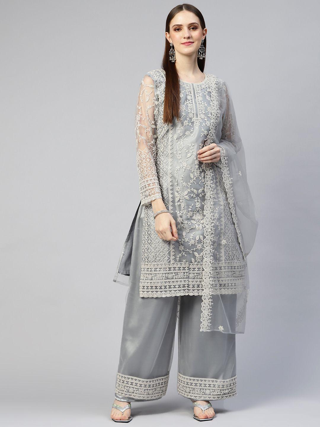 readiprint fashions grey & white embroidered semi-stitched dress material