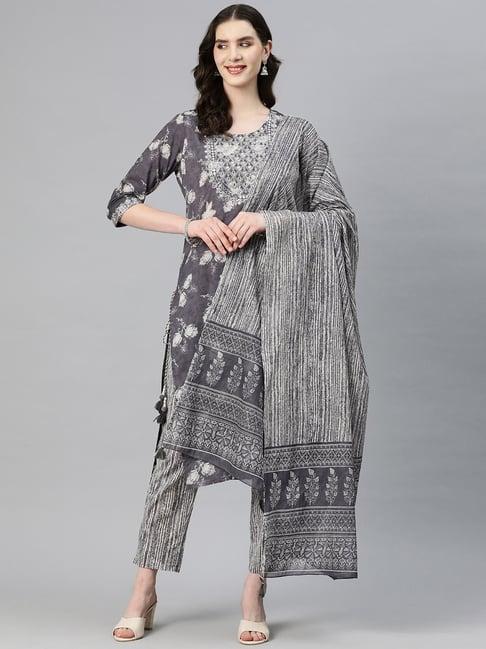 readiprint fashions grey cotton floral print kurta pant set with dupatta