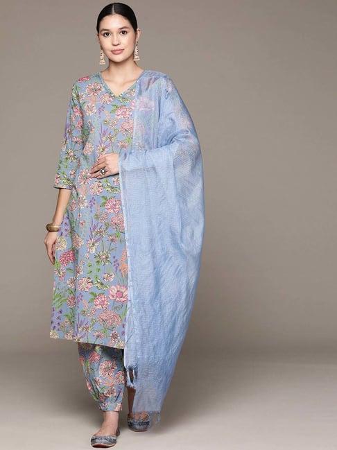 readiprint fashions grey cotton printed kurta salwar set with dupatta
