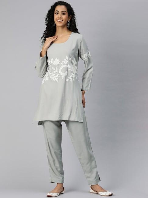 readiprint fashions grey embroidered kurti pant set