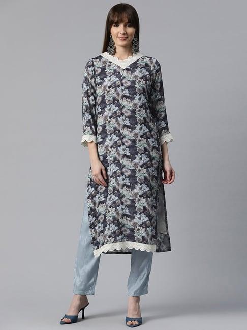readiprint fashions grey floral print kurta pant set