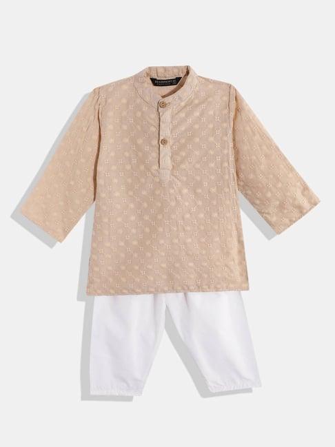 readiprint fashions kids beige & white embroidered full sleeves kurta with pyjamas
