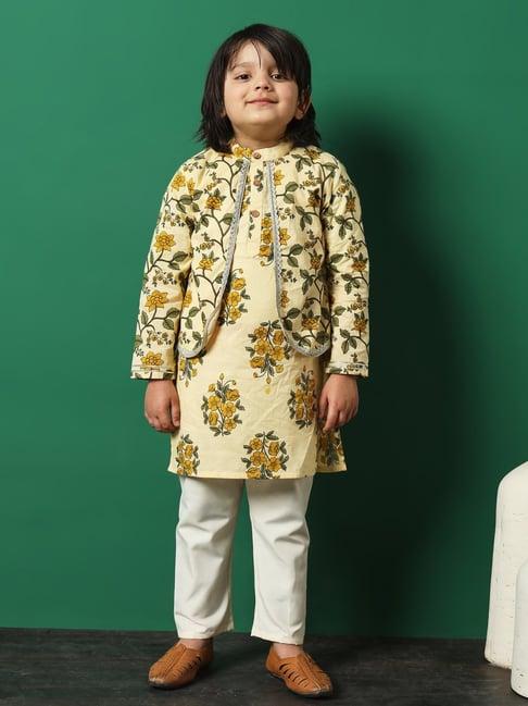readiprint fashions kids beige & white floral print full sleeves jacket style kurta with pyjamas