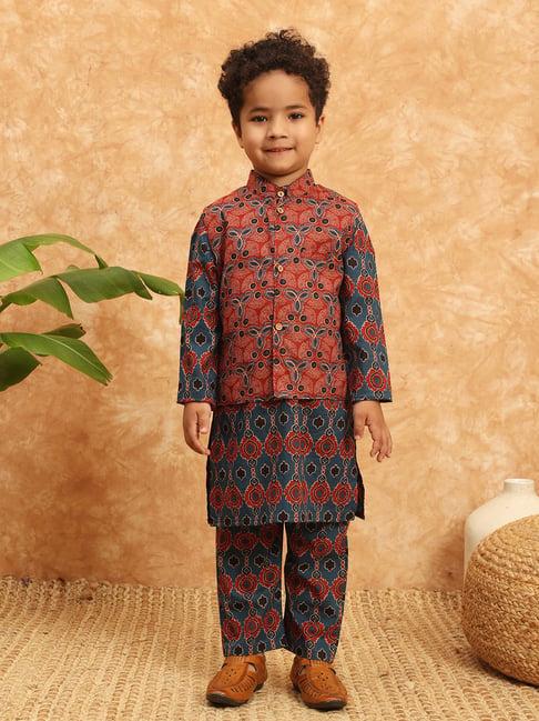 readiprint fashions kids blue & orange printed full sleeves kurta, pyjamas with nehru jacket