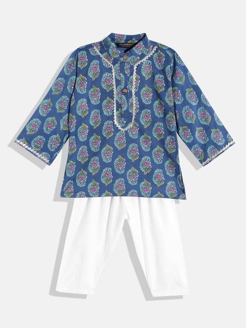readiprint fashions kids blue & white printed full sleeves kurta with pyjamas