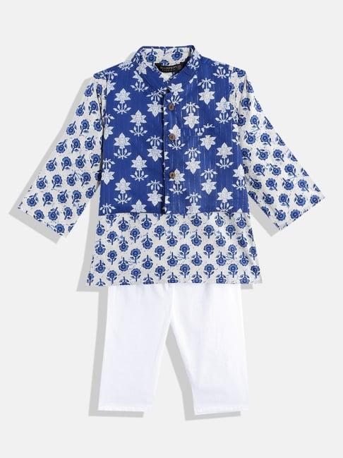 readiprint fashions kids blue with white floral print full sleeves kurta, pyjamas with nehru jacket